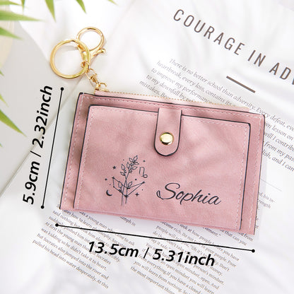 A detailed view of the pink vegan leather wallet with an overlay showing the size 5.31in × 2.32in (13.5cm × 5.9cm), a compact and practical size for daily use.