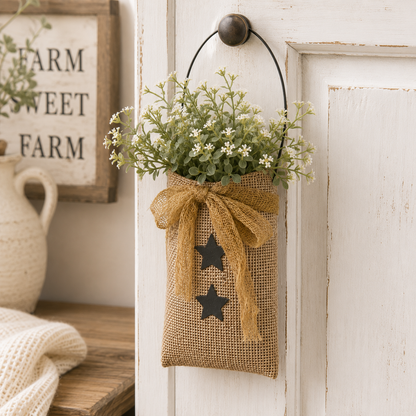Rustic 4 inch burlap star hanging bag with primitive country style for peg racks, wall hooks, and farmhouse decorating