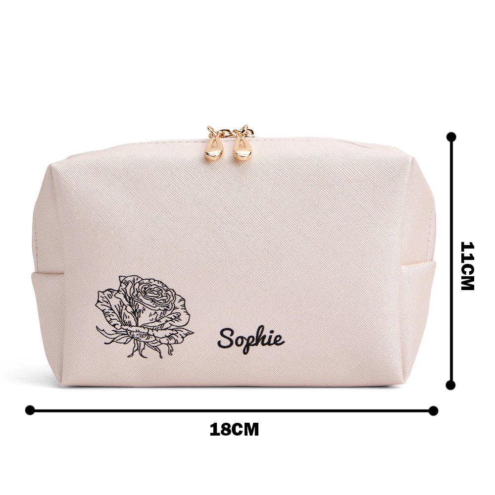 A close-up of the light pink bag with an overlay showing the size as 7 inches wide and 4.3 inches tall.