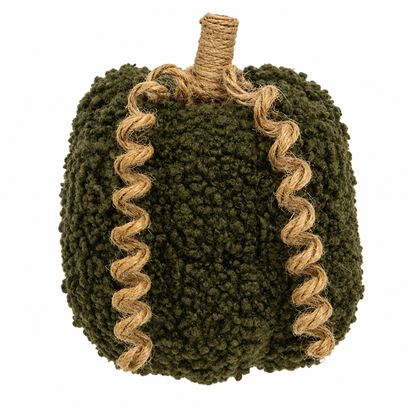 A decorative faux pumpkin in dark olive green textured fleece with natural jute rope wrapped vertically along the sides and a matching jute stem, shown on a plain white background.