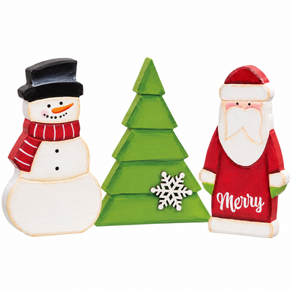 Three hand-painted wooden Christmas decorations on a white background: a snowman with a black hat and red scarf, a green Christmas tree with a white snowflake, and a Santa Claus figure in red and white with 'Merry' written on the front.