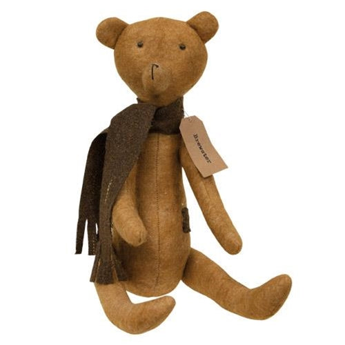Brewster Bear plush figure with flexible limbs and weighted base, country-style accent