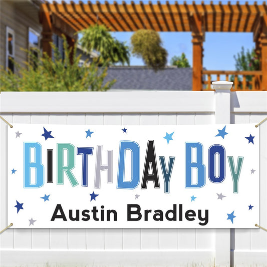 Personalized weatherproof canvas birthday banner with grommets for boys' parties