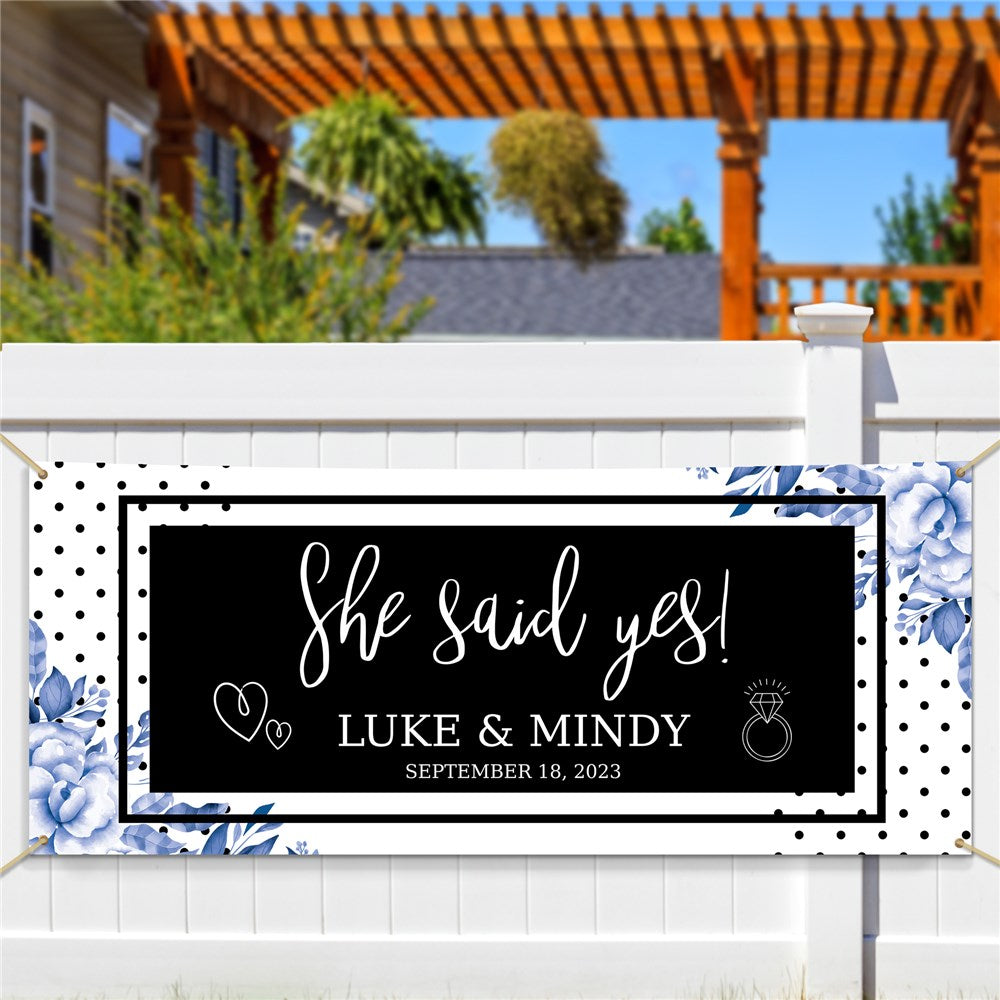 Personalized engagement banner with custom names and date – large weatherproof party decoration with grommets