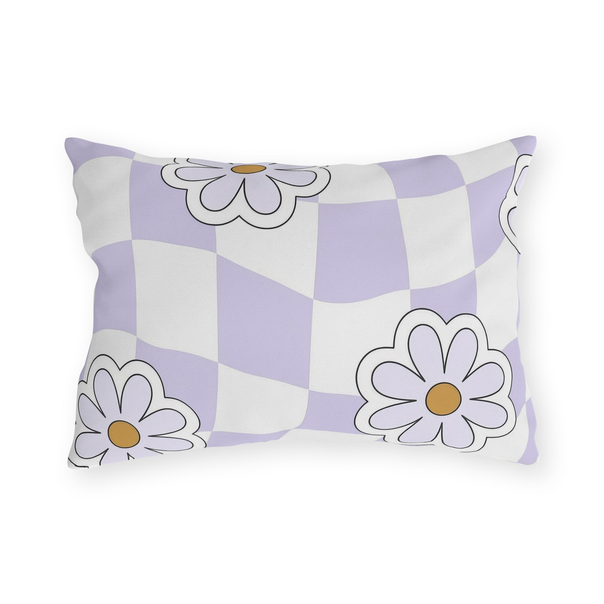 Outdoor lumbar cushion with checkered floral design placed on patio bench