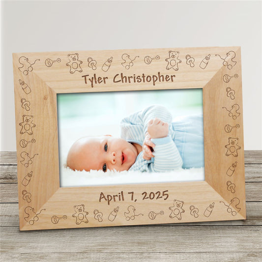 Personalized wooden baby picture frame with engraved baby toy design and name and date customization