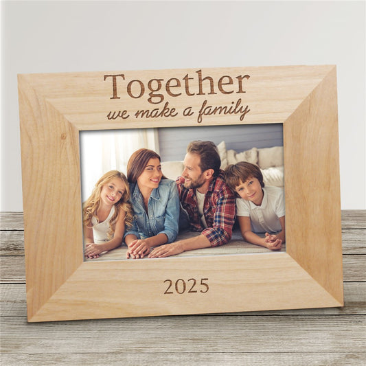 Personalized alder wood family picture frame engraved with "Together we make a family"
