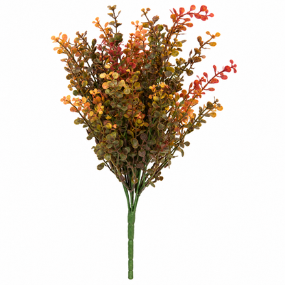 An artificial autumn leafy bush with dense clusters of small round leaves in shades of orange, yellow, brown, and red, attached to a green stem, isolated on a white background.