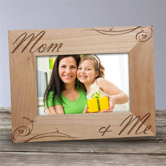 Custom engraved Mom and Me wood photo frame with personalized title, easel-back design, available in 3 sizes