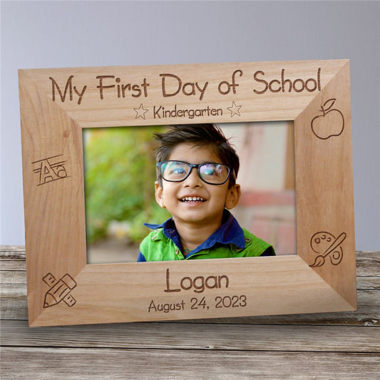 Personalized wooden picture frame for first-day-of-school memories, featuring engraved name, grade, and date