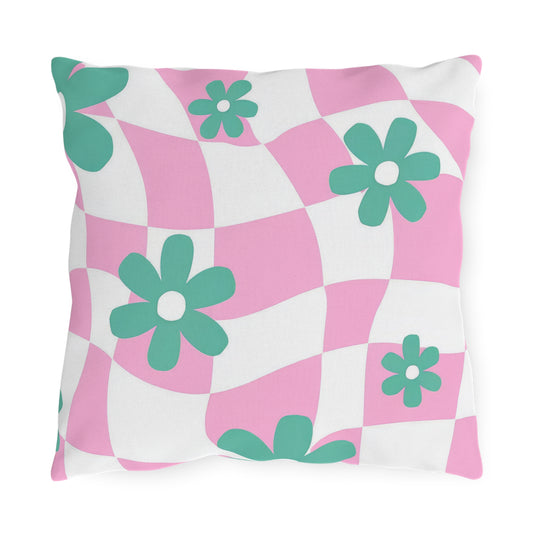 Blooming floral outdoor pillow featuring a soft aqua, pink, and white pattern.