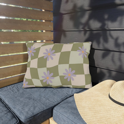 Colorful floral patio pillow featuring a retro checkered pattern, designed to add cheerful charm to outdoor lounge furniture
