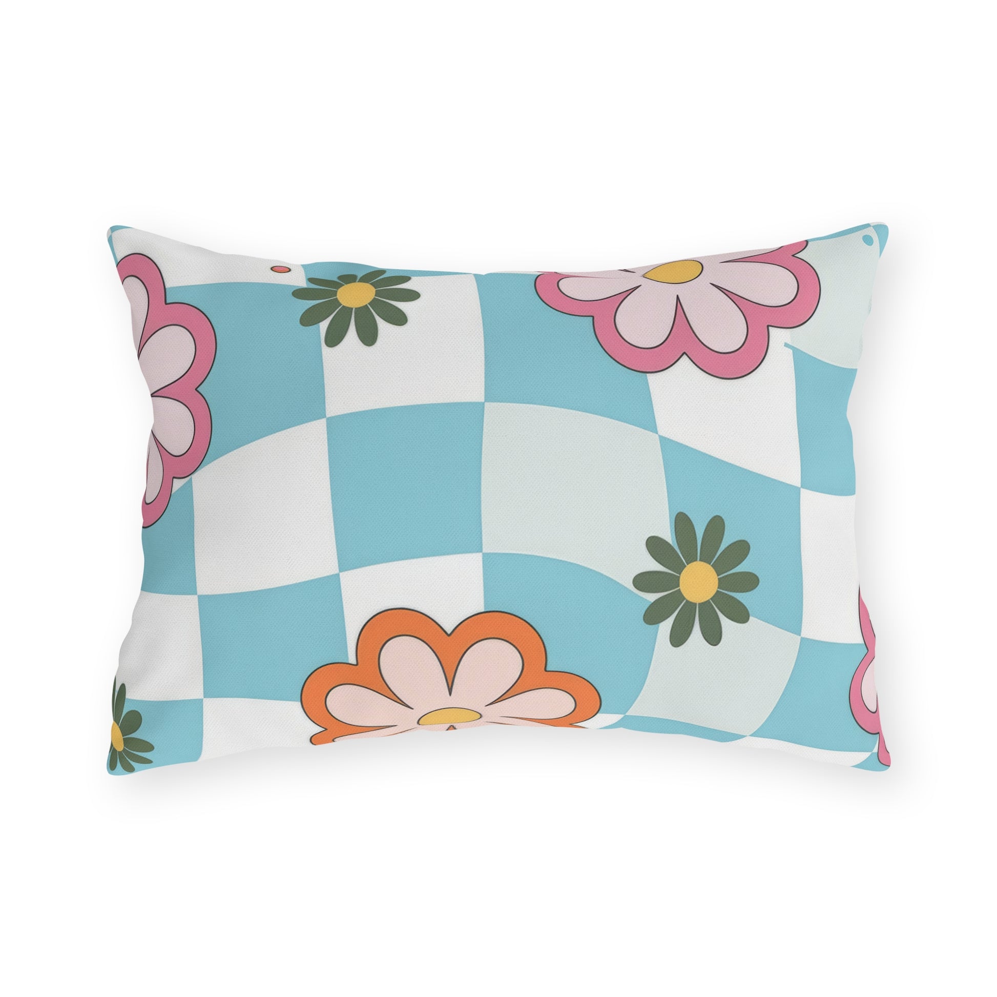Floral outdoor lumbar pillow in blue, pink, yellow, and orange on garden bench