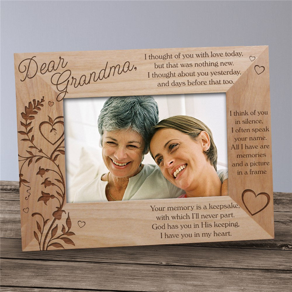 Wood memorial picture frame with engraved remembrance text and customizable name