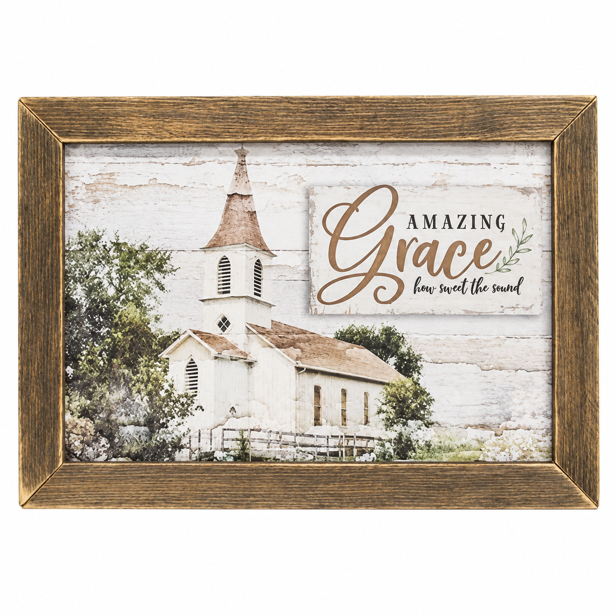 A rectangular wooden framed sign featuring a rustic church scene with the words 'AMAZING Grace love sweet the sound' on a white distressed wood background.