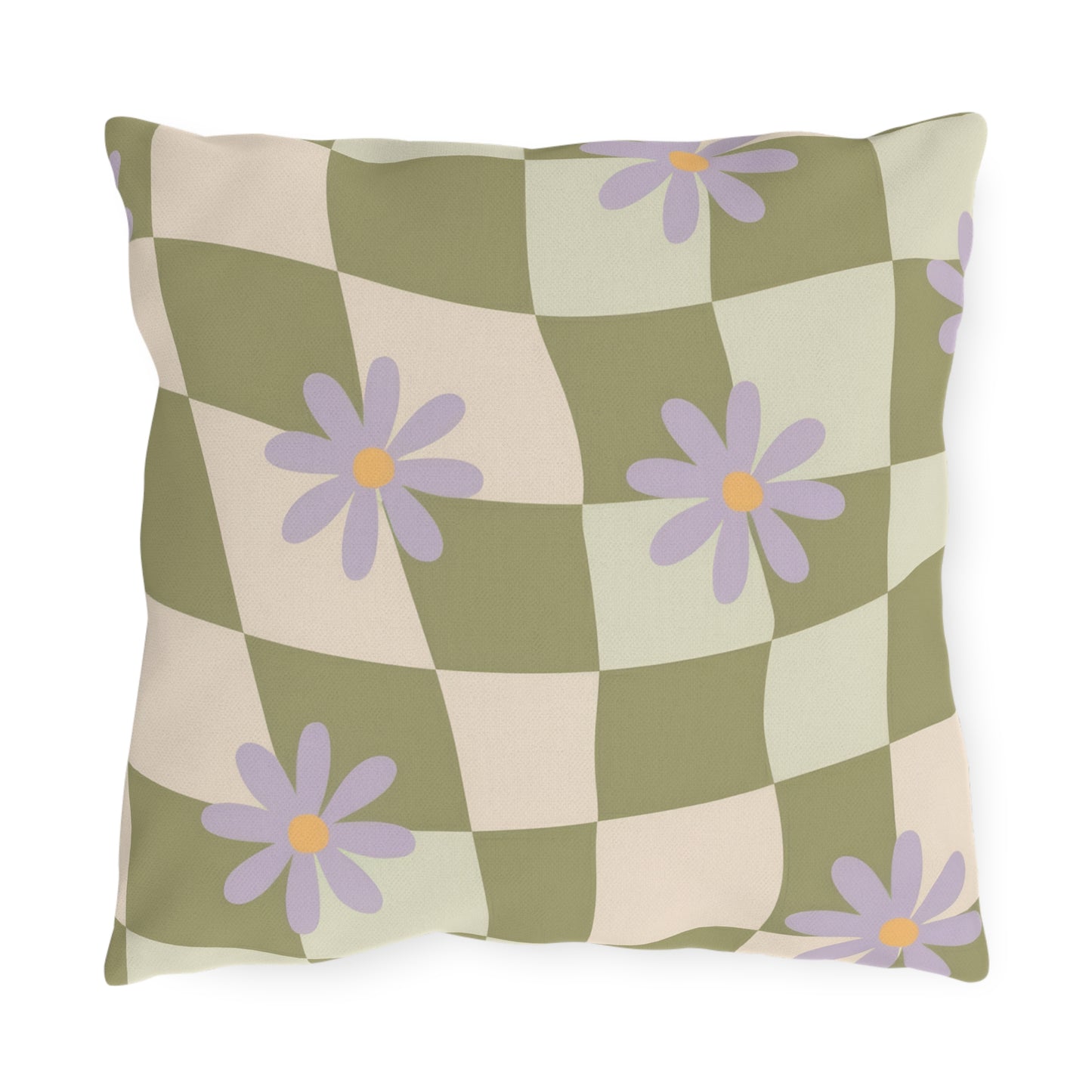 Floral outdoor pillow featuring pastel green, tan, and purple pattern for patio decor