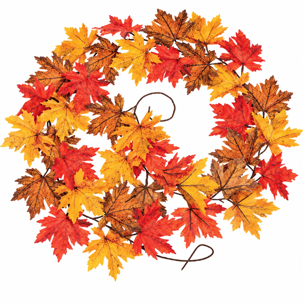 An autumn leaf wreath made of artificial maple leaves in shades of red, orange, yellow, and brown, arranged in a circular shape on a white background.