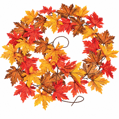 An autumn leaf wreath made of artificial maple leaves in shades of red, orange, yellow, and brown, arranged in a circular shape on a white background.