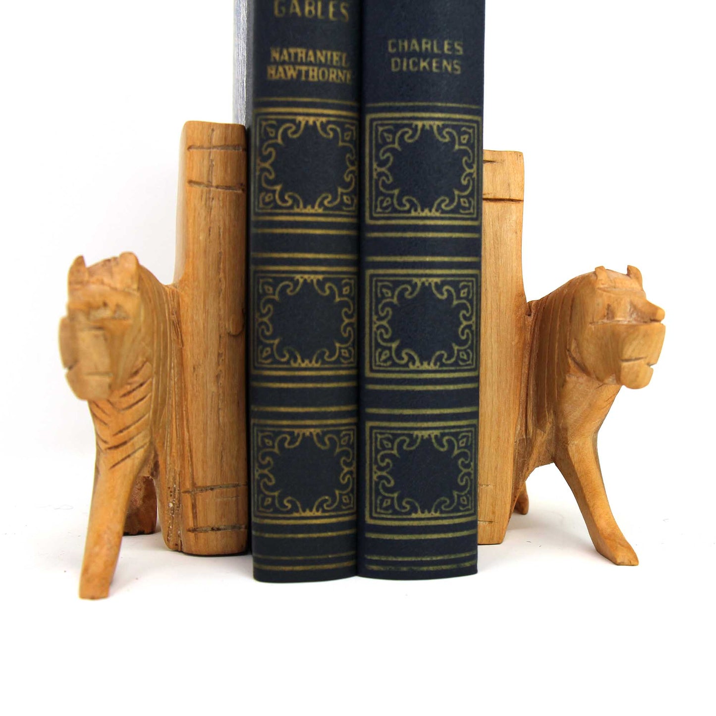 Pair of hand-carved lion bookends made from jacaranda wood