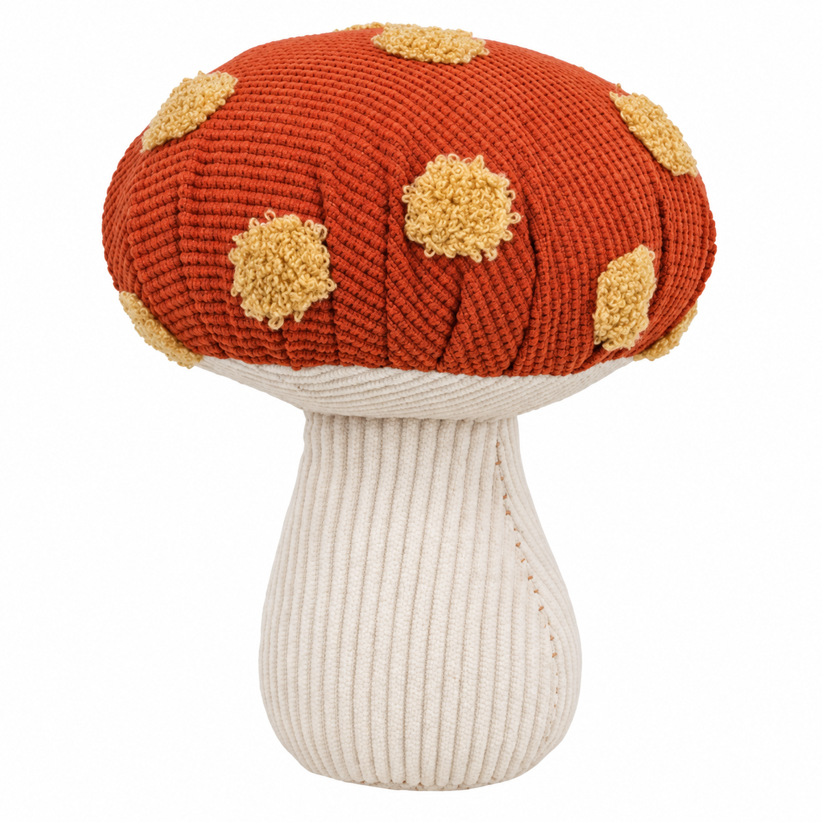 A mushroom-shaped knit dog toy with a rust-orange cap, beige textured spots, and a cream-colored stem, shown on a solid white background.
