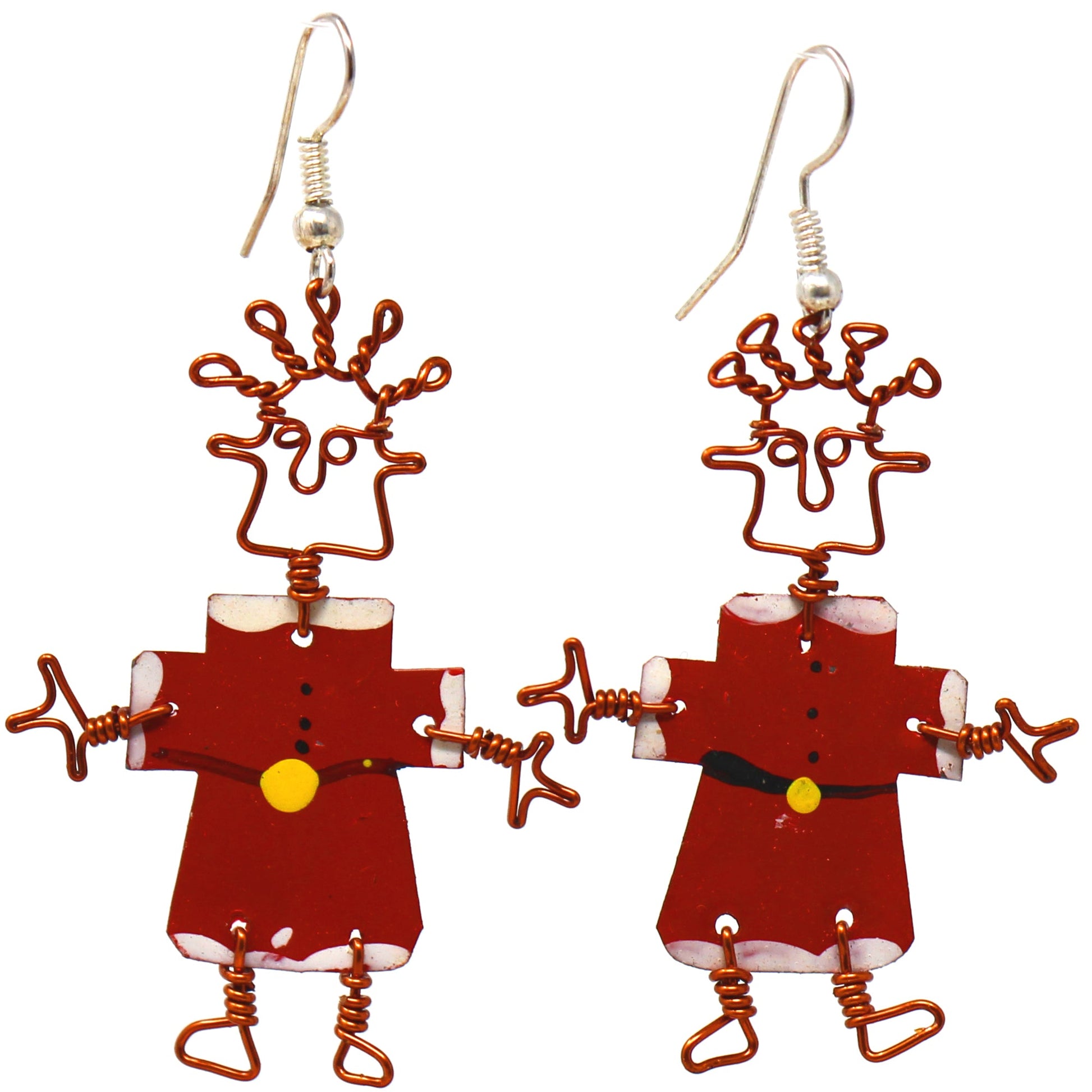 Handmade Christmas earrings featuring a dancing girl design crafted from recycled tin.