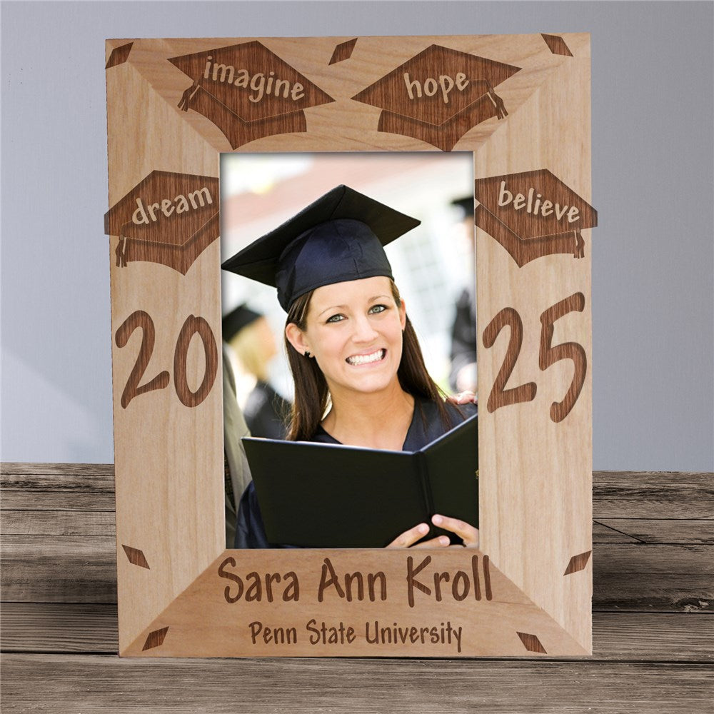 Personalized wooden graduation frame with custom name, year, and message.