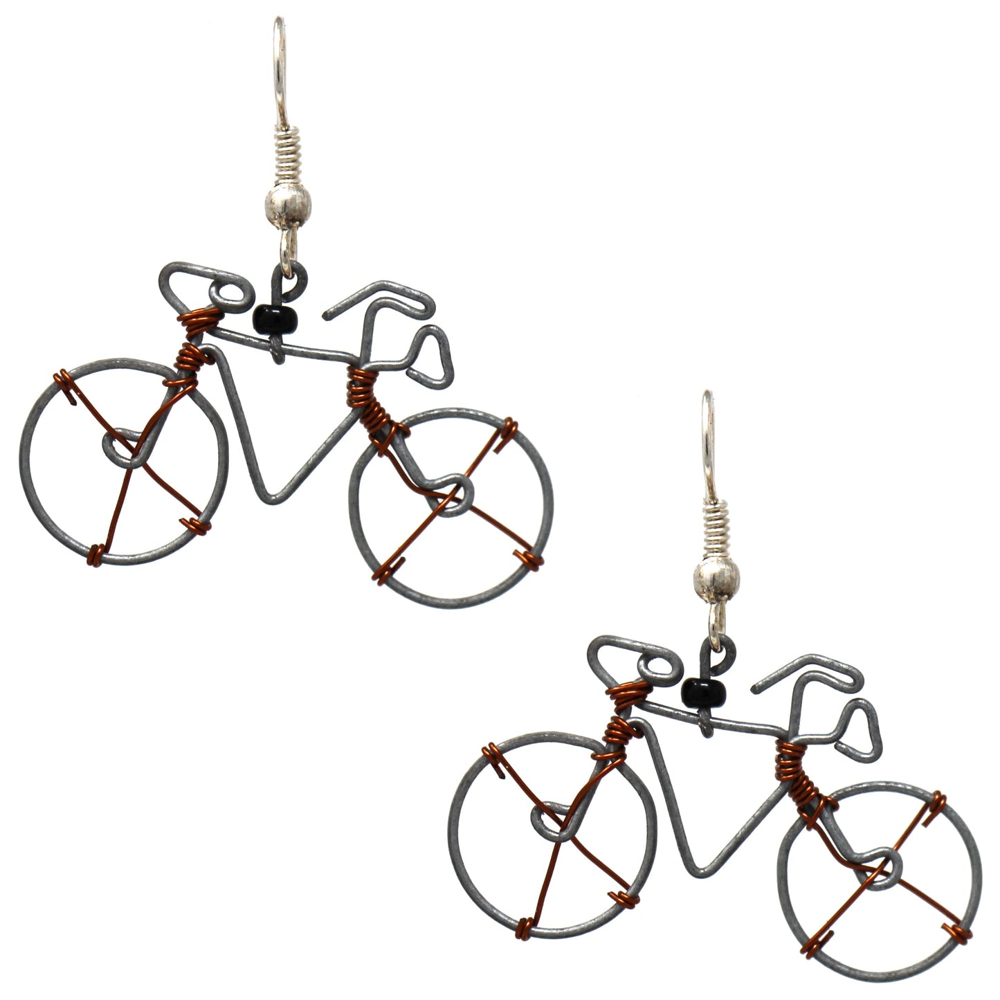 Handcrafted wire bicycle charm earrings, African sustainable jewelry, repurposed metal accessories, eco-friendly cyclist fashion.