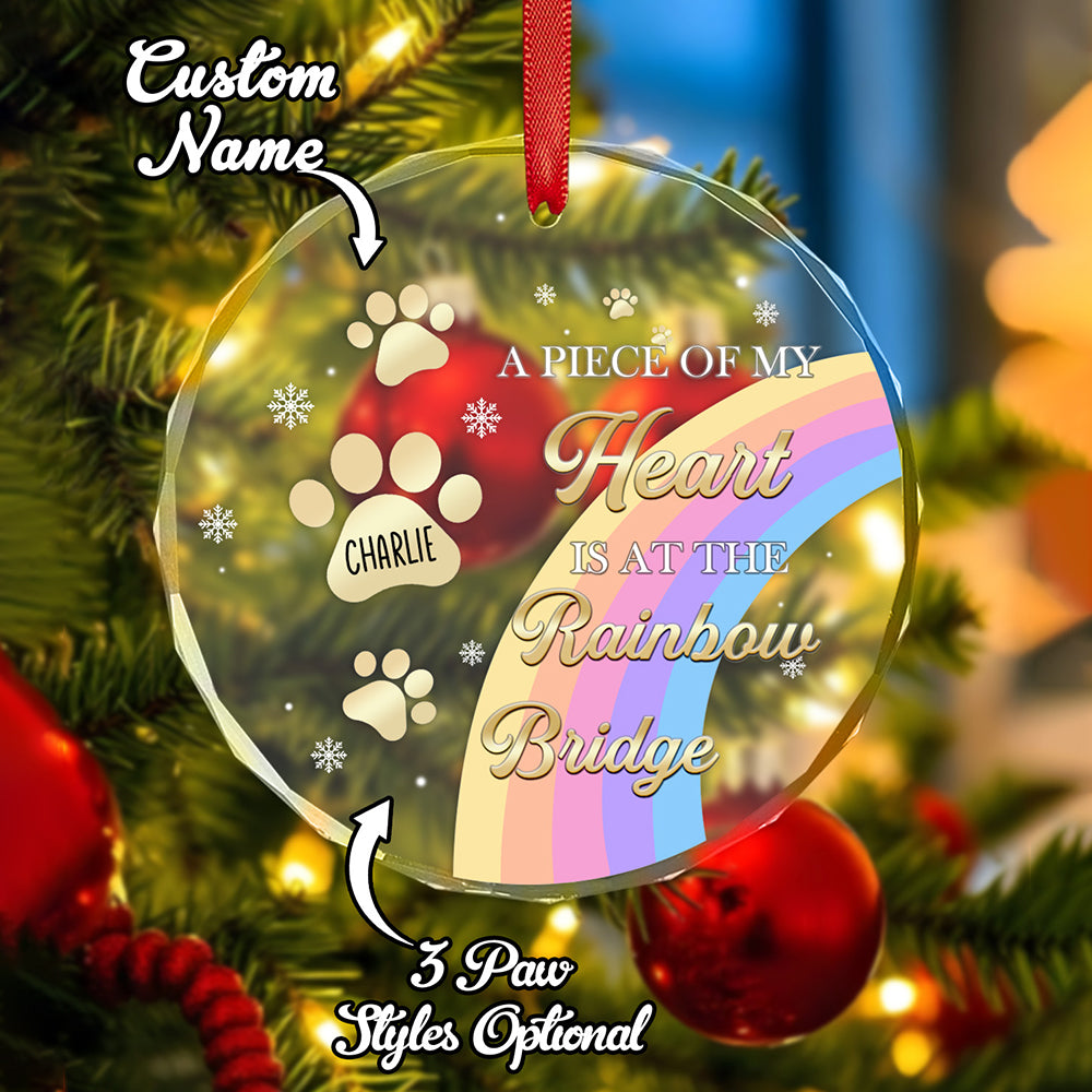 A front view of the Rainbow Bridge memorial ornament with a text overlay highlighting the personalization options, including the pet's name and different paw print variations.