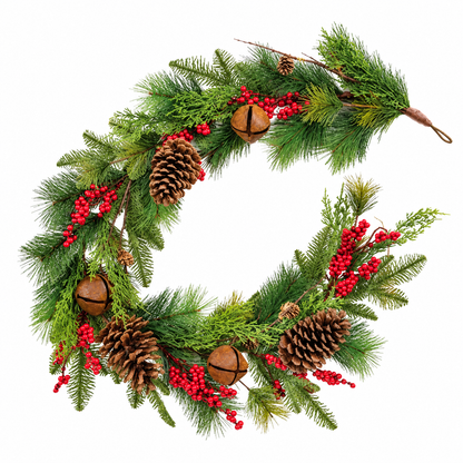 A festive Christmas wreath made of green pine branches, decorated with brown pinecones, small brown bells, and clusters of bright red berries, isolated on a white background.