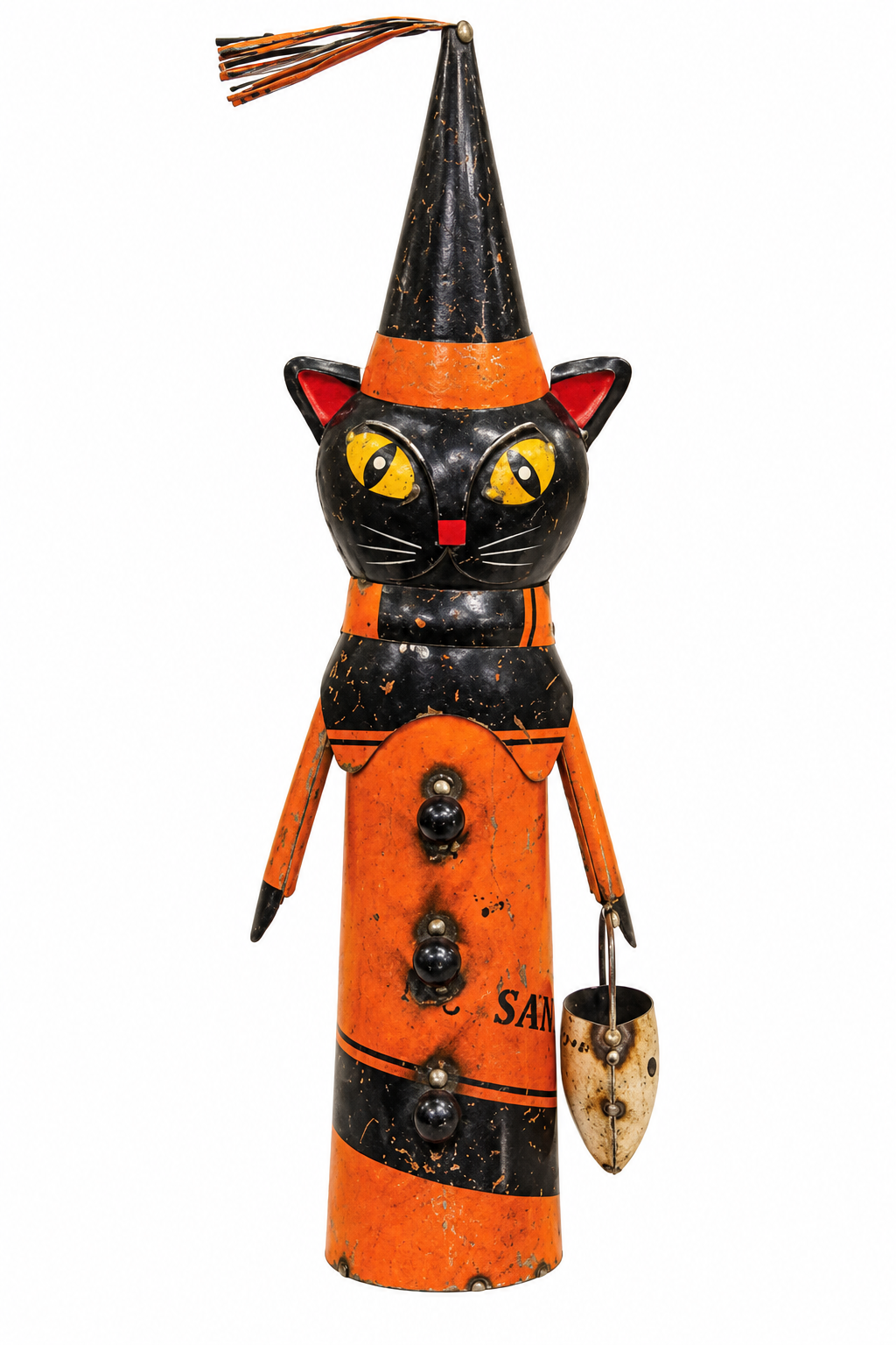Recycled Metal Witch Cat with Skull Bucket - 16.75"