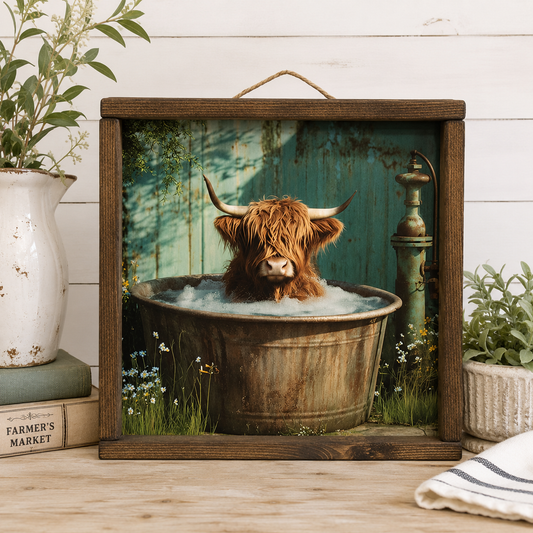 Highland cow soaking in a galvanized wash tub with a vintage water pump, rustic farmhouse framed wall art with dark stained wood frame