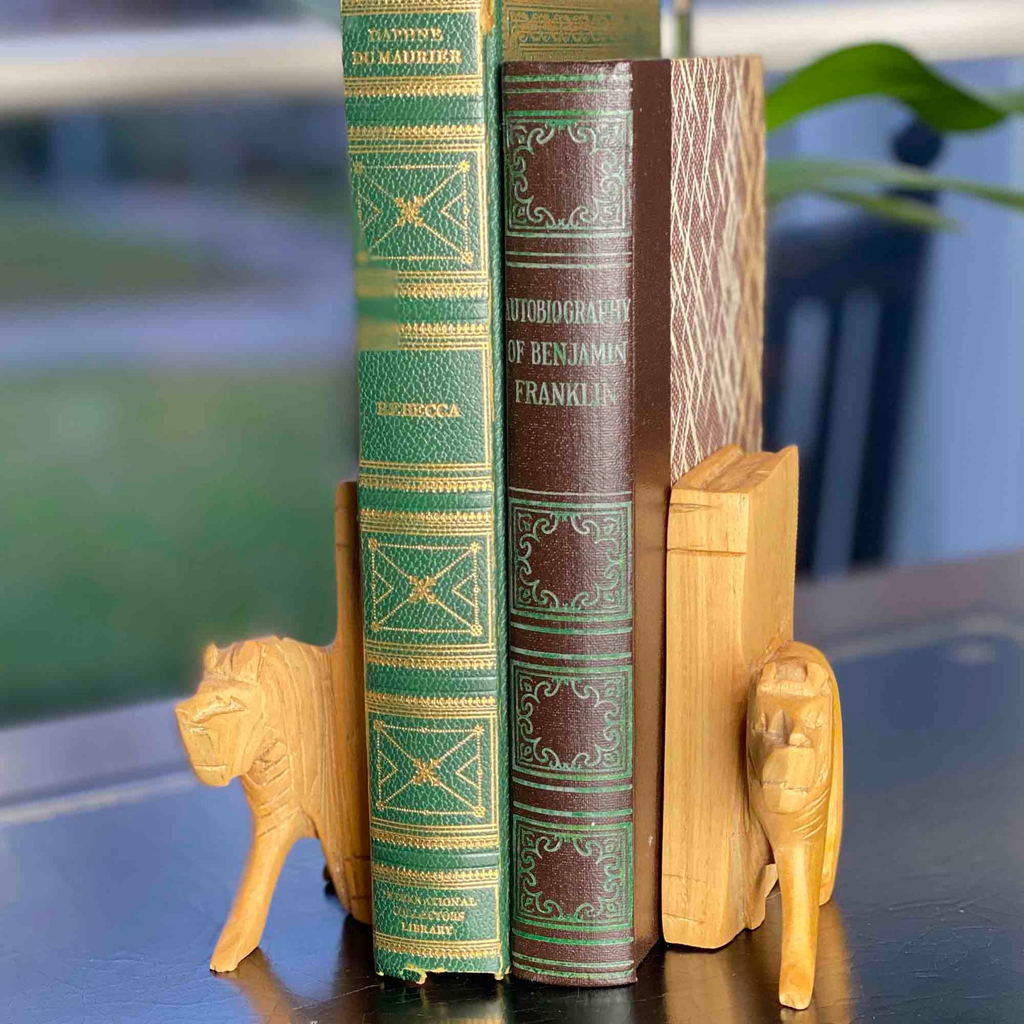 Traditional safari-style lion carvings made into wooden bookends