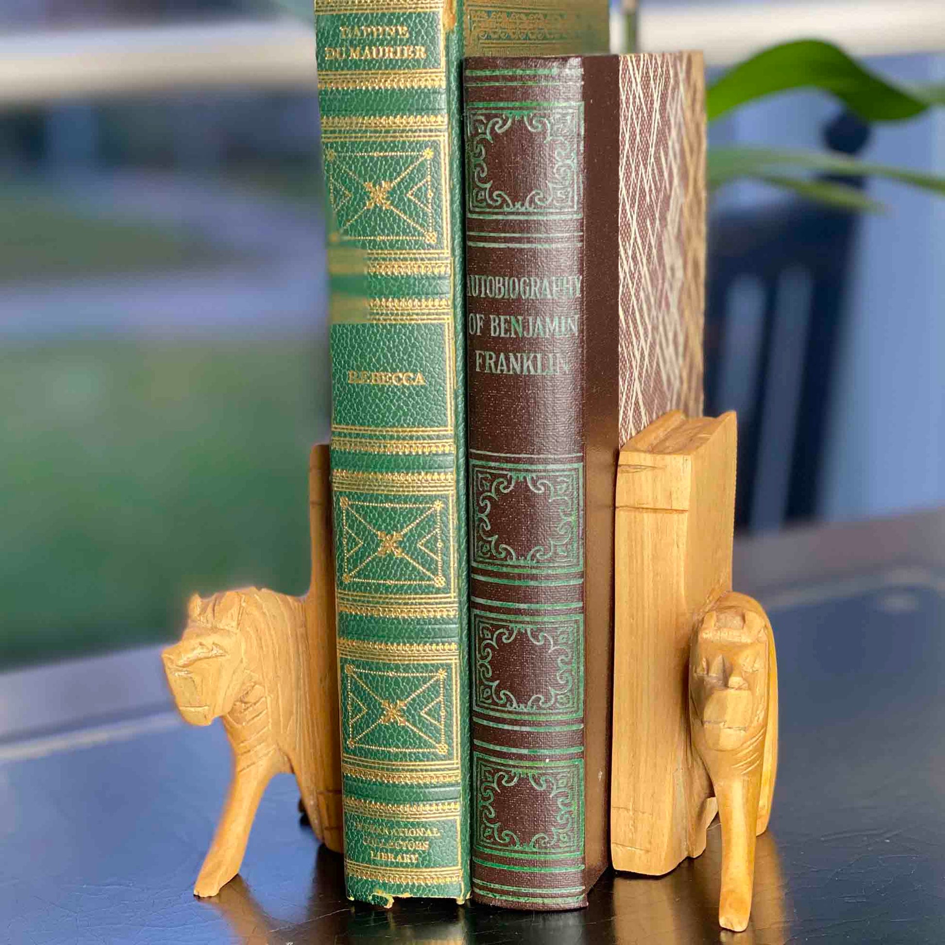 Traditional safari-style lion carvings made into wooden bookends