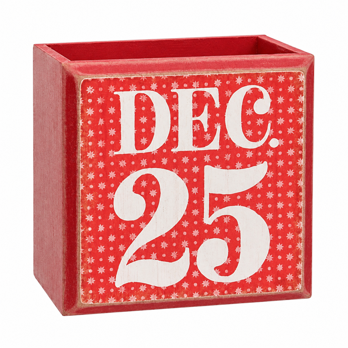 A square red wooden decorative box with an open top, featuring a front panel printed with 'DEC. 25' in large white letters over a red background with small white star-like motifs.