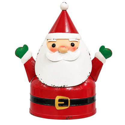 A festive metal Santa Claus Christmas ornament or container with a distressed finish, featuring a red hat and coat, white beard, green mittens, and a black belt with a gold buckle, set against a plain white background.