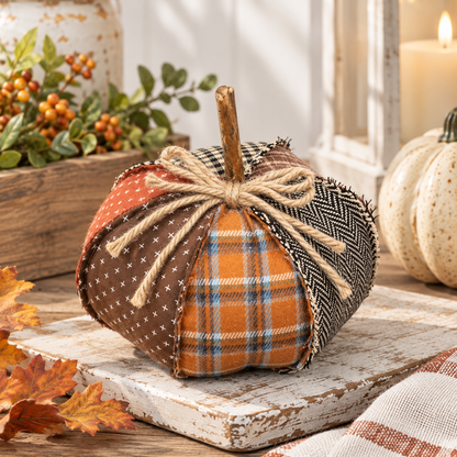 A decorative fabric pumpkin with a rustic autumn patchwork design, featuring orange plaid, brown houndstooth, and black-and-white herringbone panels, tied with a jute twine bow on a distressed white wooden board.
