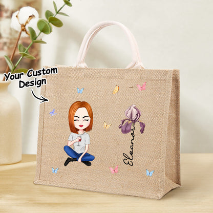 A personalized jute tote bag featuring a cartoon woman, a flower, and custom text, with an overlay reading "Your custom design."