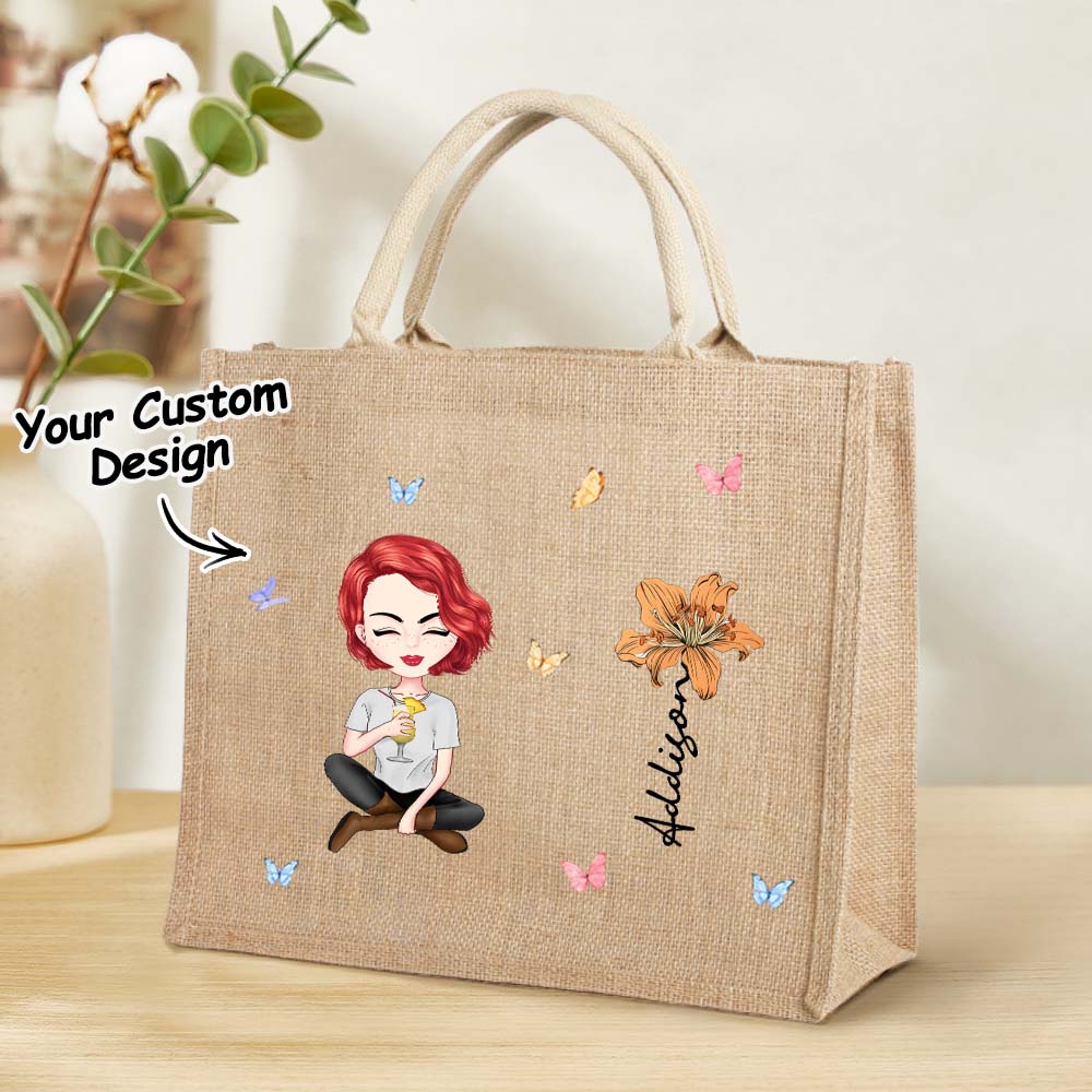 A personalized jute tote bag featuring a cartoon woman, a flower, and custom text, with an overlay reading "Your custom design."