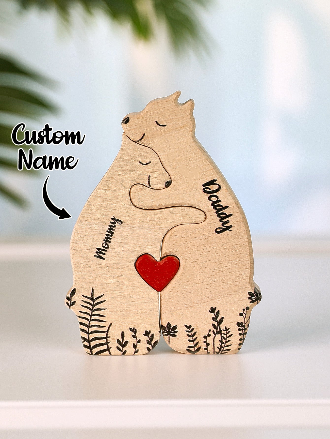 Two personalized wooden bears with custom names engraved on them, perfect for a family keepsake or special occasion. Ideal for anniversaries, family gatherings, and personalized gifts for loved ones.