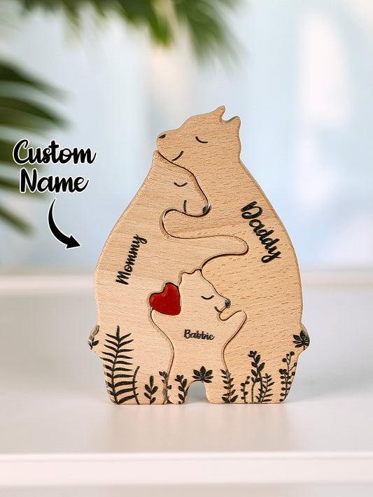 3-piece custom wooden bear puzzle with personalized names overlay, perfect for family keepsakes and customized family gifts.