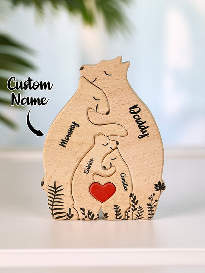 4-piece personalized wooden bear puzzle with 'custom name' overlay, an ideal personalized gift for family celebrations and lasting memories.