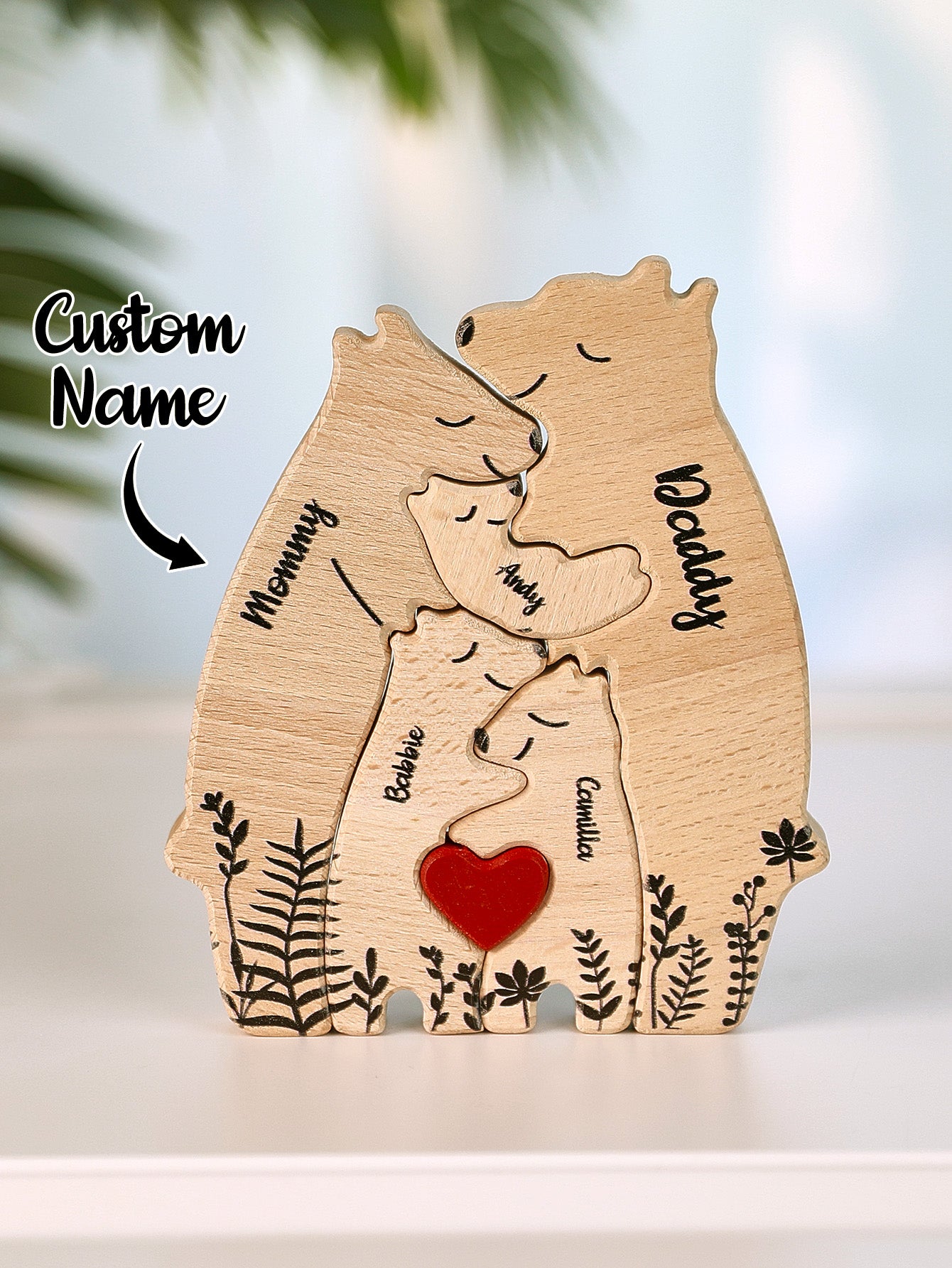 5-piece personalized wooden bear puzzle with custom names, a sentimental and thoughtful gift for family reunions and special occasions.