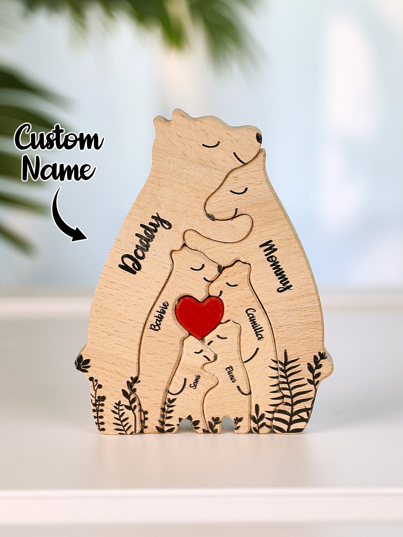 6-piece custom engraved wooden bear puzzle with personalized names, perfect for family gifts, personalized décor, and lasting keepsakes.