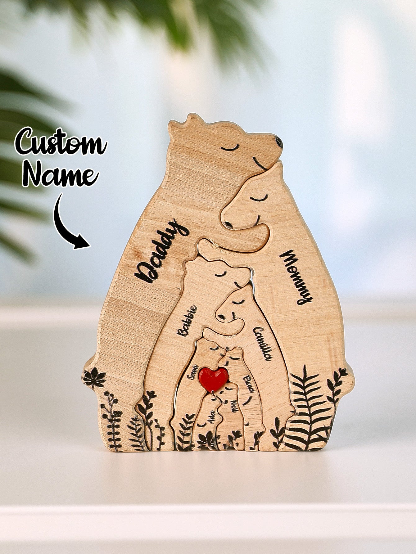 8-piece custom wooden bear puzzle with personalized names overlay, perfect for family keepsakes and thoughtful personalized gifts for any occasion.