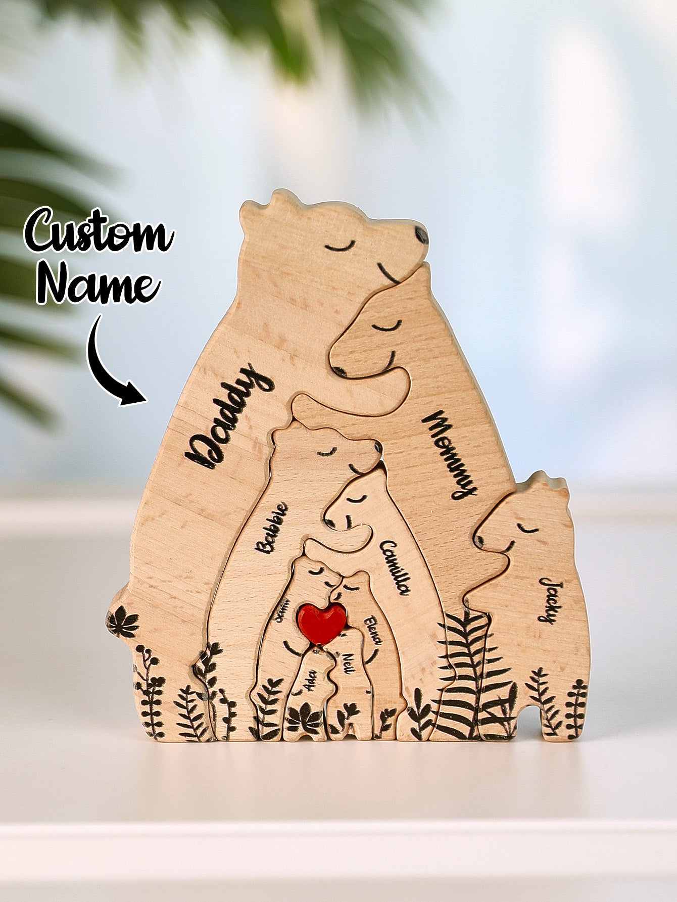 9-piece custom wooden bear puzzle with personalized family names, an ideal gift for family reunions, anniversaries, and personalized home décor.