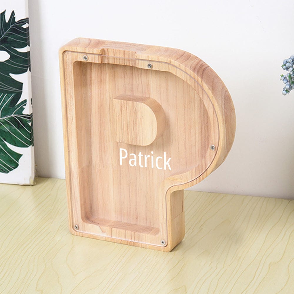 A wooden "P" letter piggy bank in burlywood, complete with a transparent acrylic panel to track coin savings.