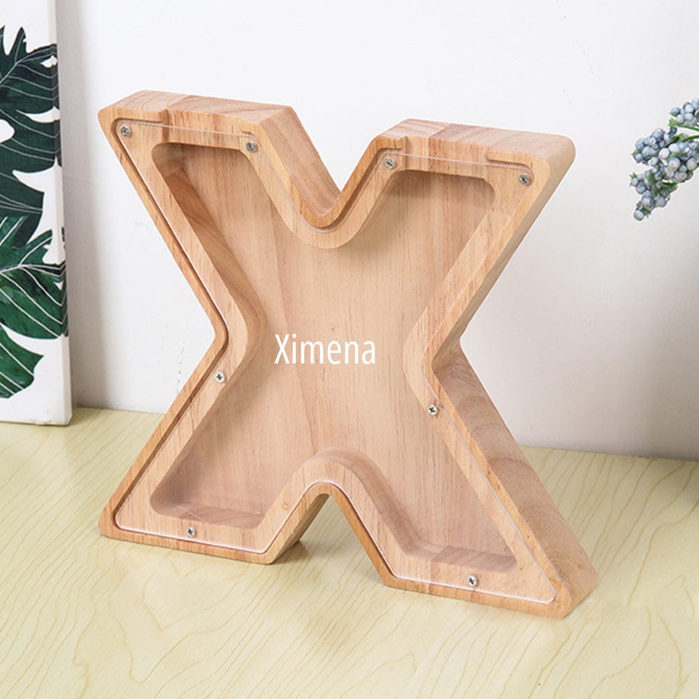 A wooden "X" piggy bank in light burlywood with an acrylic face, perfect for kids to save money while observing their progress.