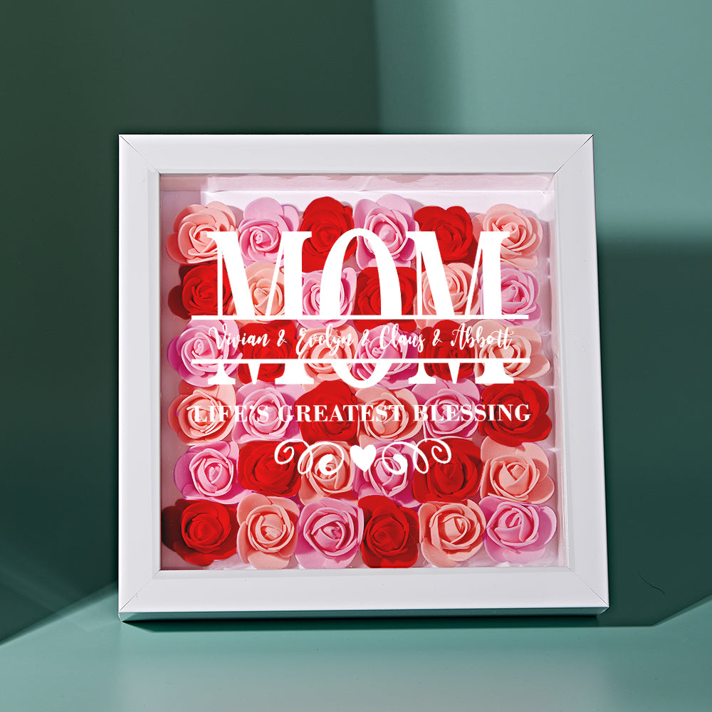 Elegant flower shadow box in white frame with personalized name engraving and gradient pink flowers