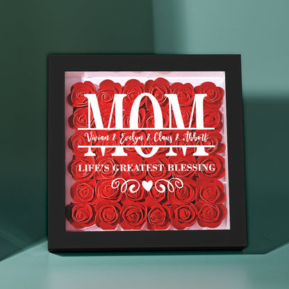 Personalized artificial flower shadow box with engraved acrylic sign and red roses for home decor