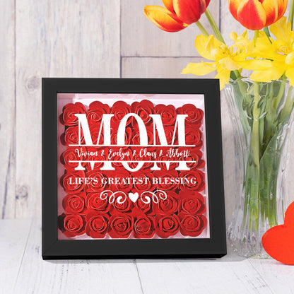 Beautiful floral frame with personalized acrylic name engraving and soft pink mixed color flowers